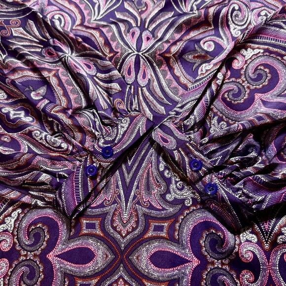 Chico’s Womens Plus Long Sleeve Pleat Scroll Satin Blouse Purple Lotus Petal XXL - Picture 10 of 15